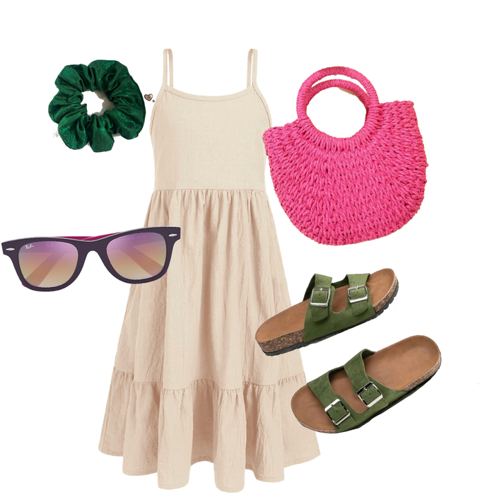 green, pink & cream summer beach outfit featuring green glitter hair scrunchie by sew last summer