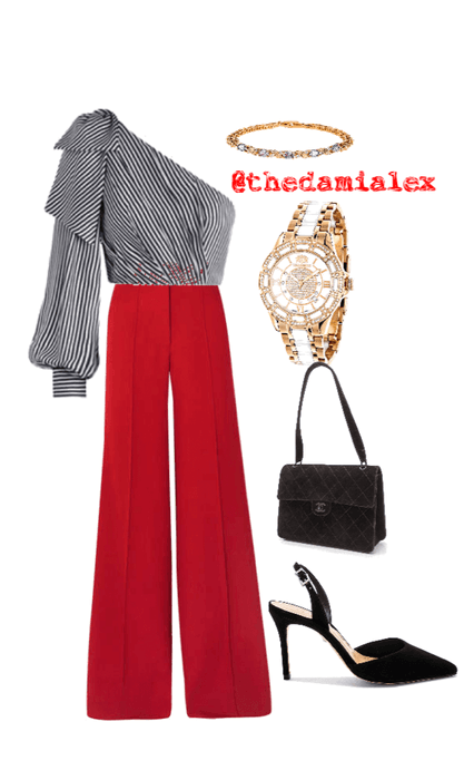 stripe top and a red pants