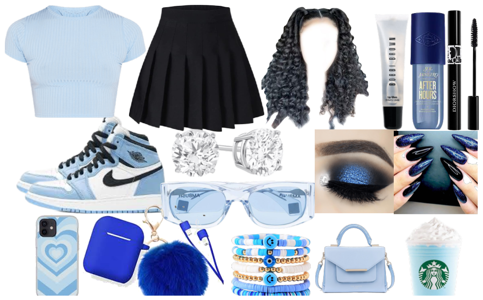 blue and white and black outfit
