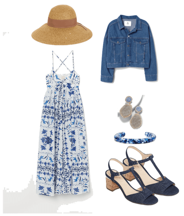 Blue and White Maxi Dress with Floppy Hat