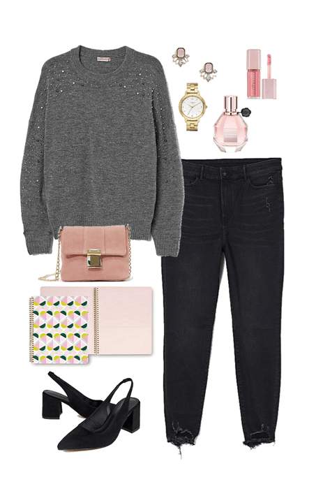 Gray Sweater with Black Jeans Plus Pink and Gold Accessories