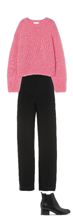 Pink sweater and wool trousers