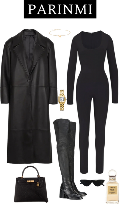 Real leather black trench coat