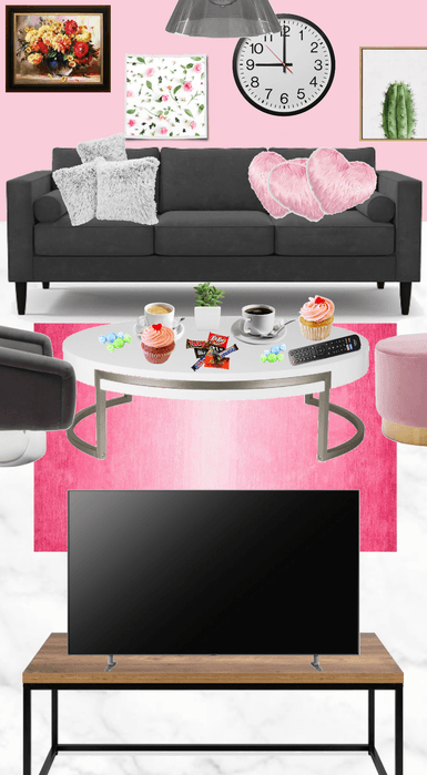 "Pink, grey and white living room"