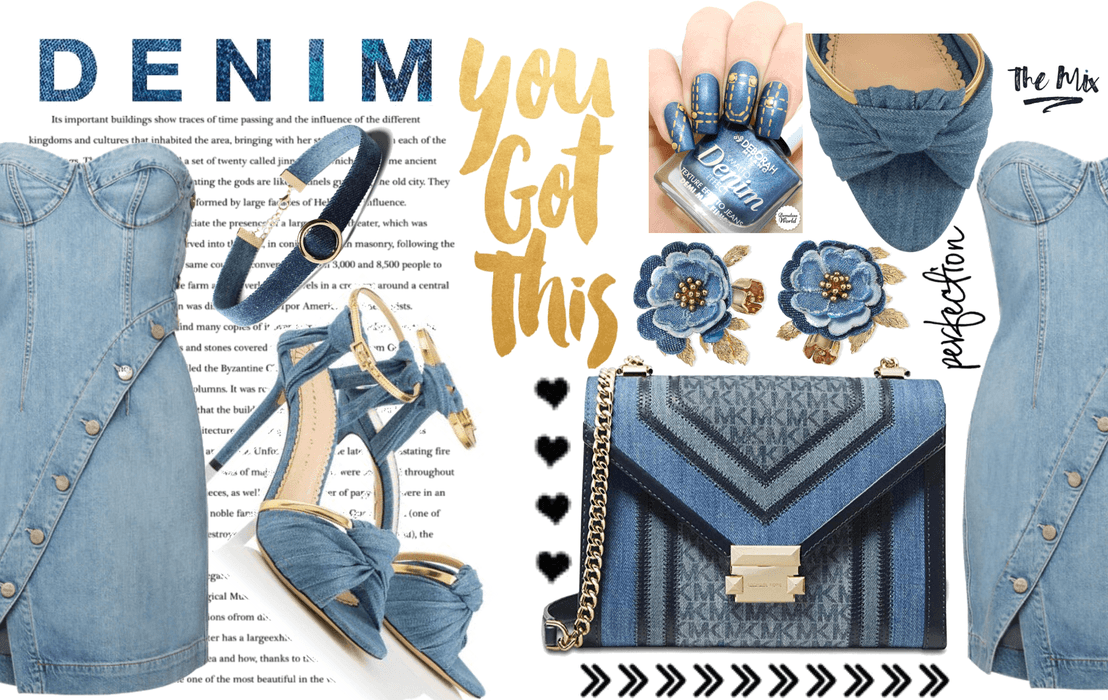 denim and gold outfit