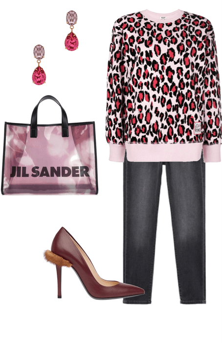 Pink leopard print sweater & black denim