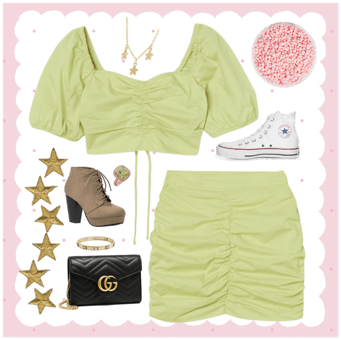 Green/Yellow top and skirt outfit (ruched)