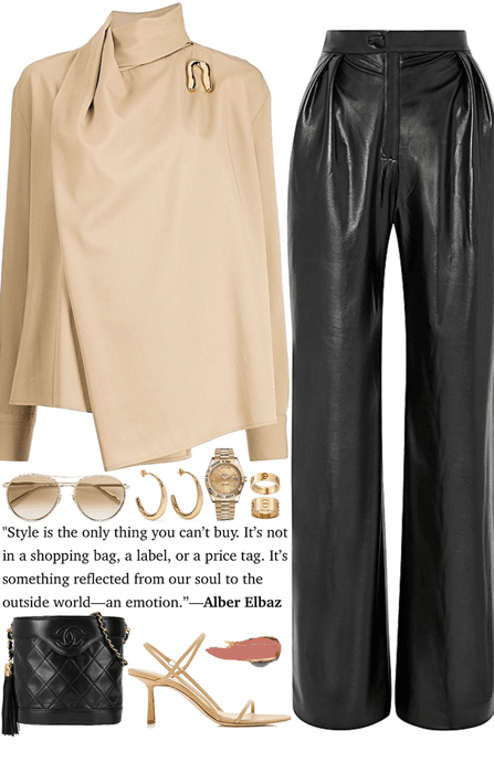 chic, natural & black leather outfit with gold jewelry
