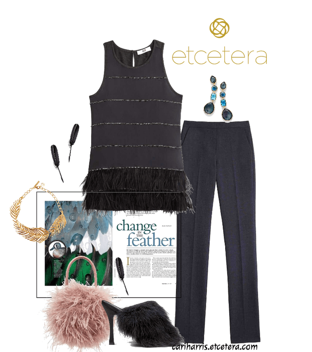 ETCETERA FALL 2018: Plumage Ostrich Feather Tank with Urban Cadet Blue Ankle Pant