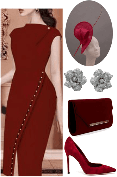 Dark Red Outfit/w Fascinator