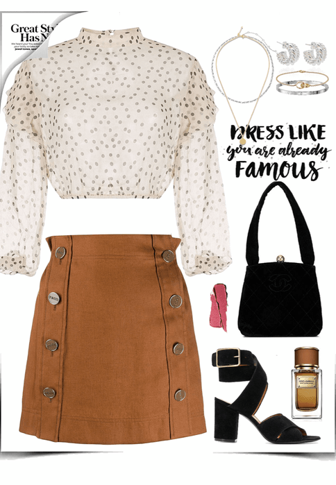 short, brown skirt & black velvet look