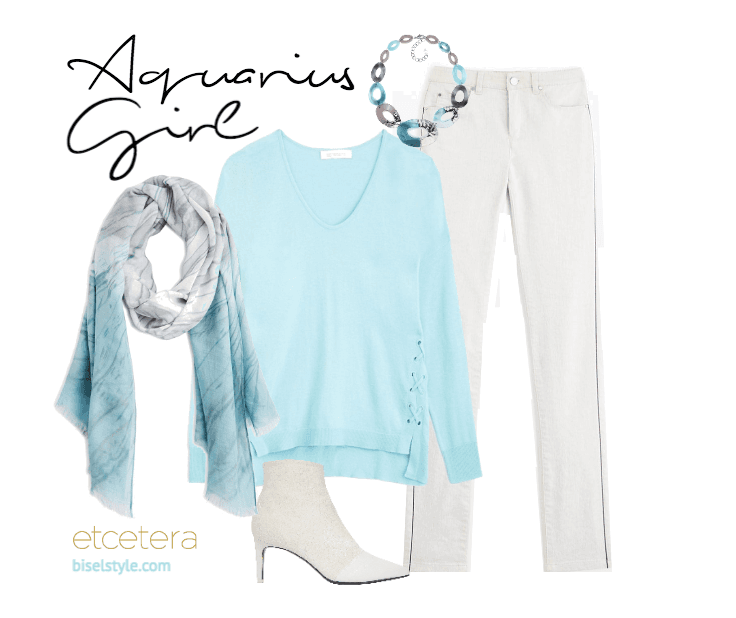 Breeze aqua sweater with Fossil grey jeans