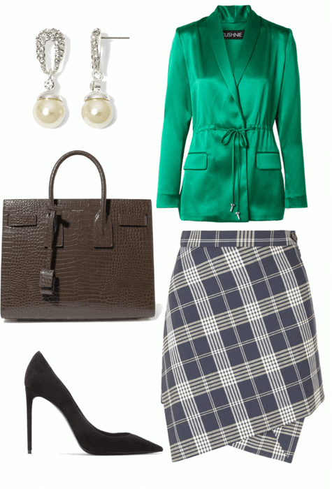 Green silk blazer and plaid Skirt