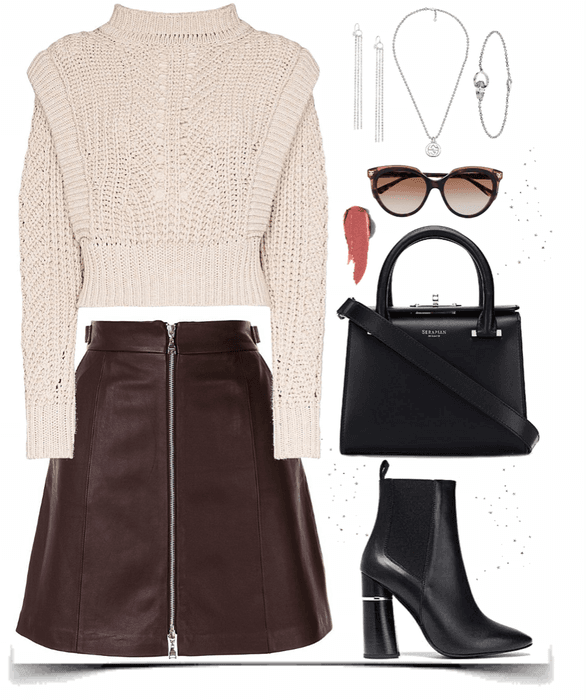 cozy Pullover with brown leather skirt look