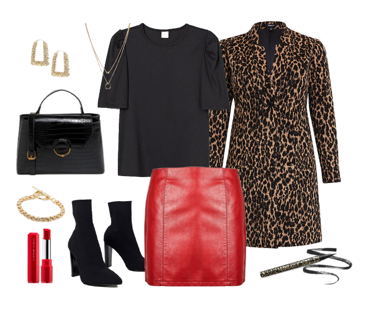Plus Size Red Leather Mini Skirt and Leopard Coat