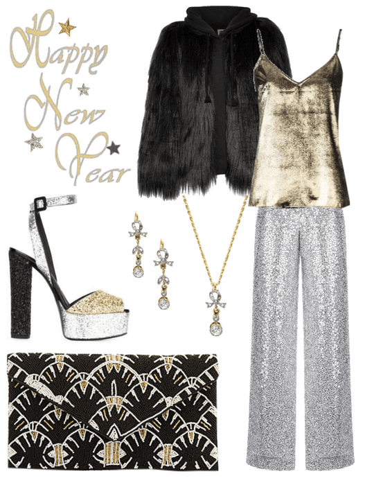 HNY in gold, silver, and black