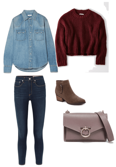 Maroon sweater with chambray