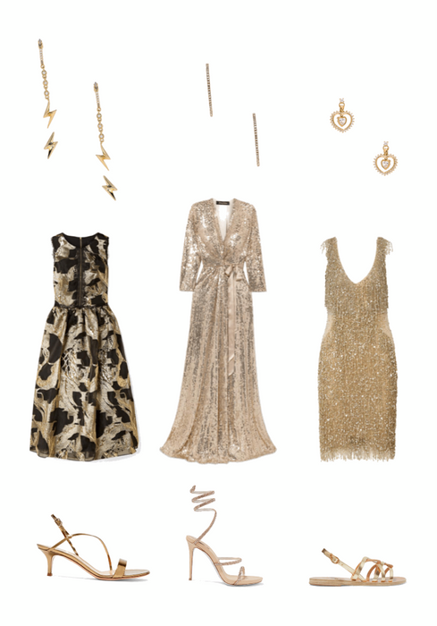 Gold dresses, shoes, & earrings