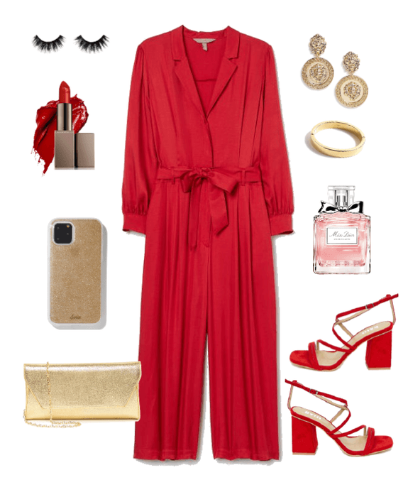 Plus Size Red Jumpsuit with Gold Accessories