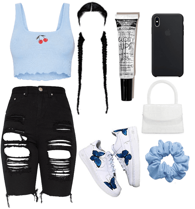 cute cherry 🍒 baby blue crop top outfit