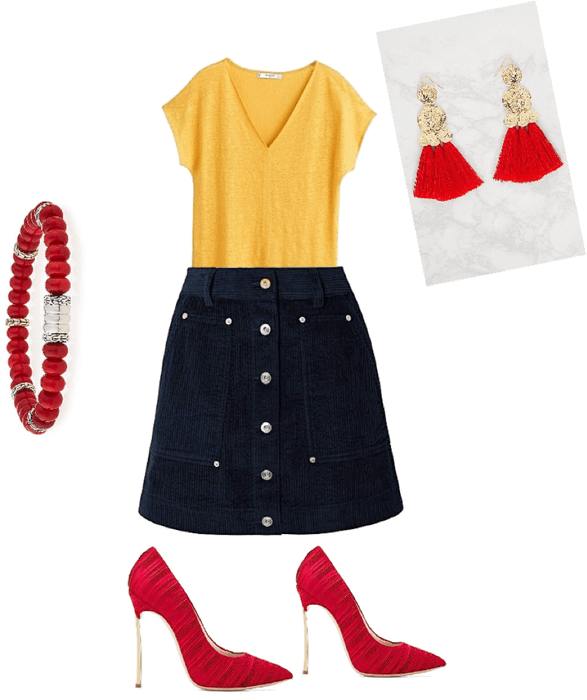 I created a triadic outfit with red ,orange ,and dark blue this is perfect for a night with friends
