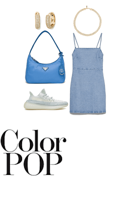denim dress with sneakers and pops of blue