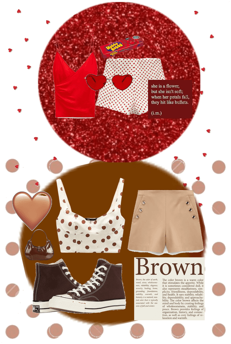 Red and brown Zara dotted top and shorts outfits