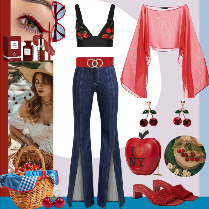 Red cherry, picnic and denim inspired outfit