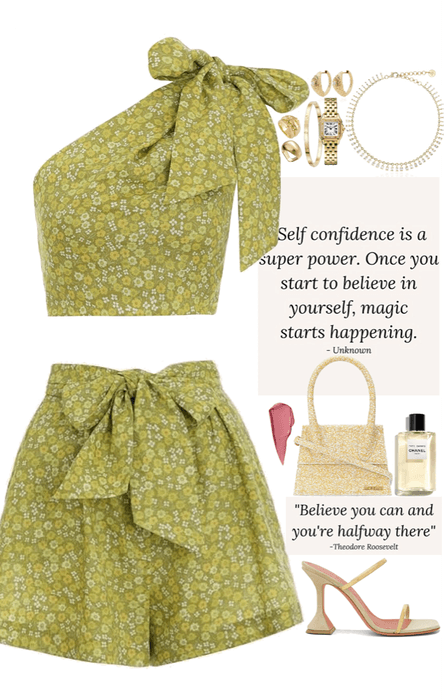 Full green outfit with tiny light yellow bag