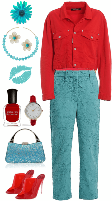 Red and Turquoise Denim Jacket