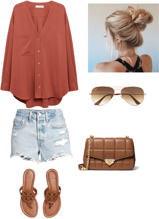 orange oversized shirt and distressed denim shorts summer outfit