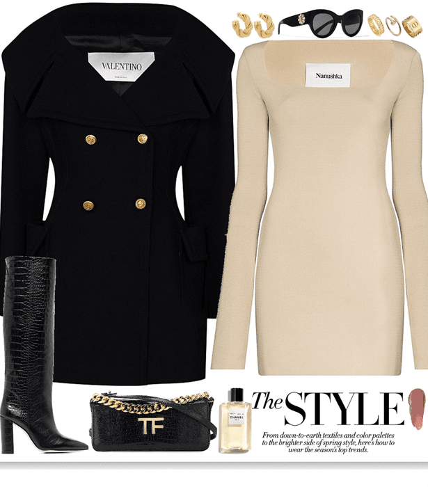 Black coat, tight beige dress and gold jewelry