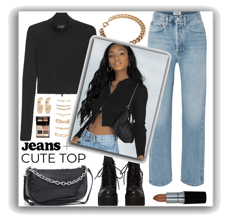 jeans and black zip cardigan top