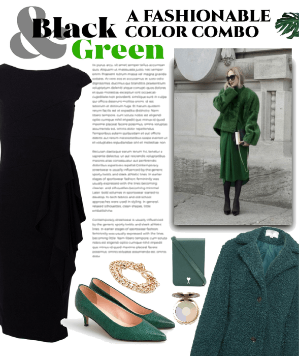 black dress/green shoes
