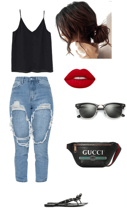 black tank top, boyfriend jeans, and Gucci belt bag summer outfit