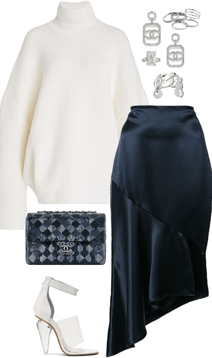 knit sweater paired with a silk skirt