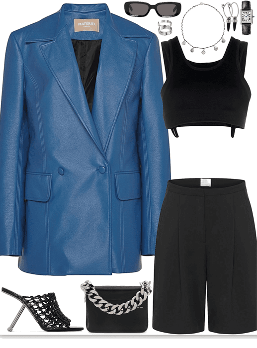 edgy look with blue leather blazer & silver jewelry