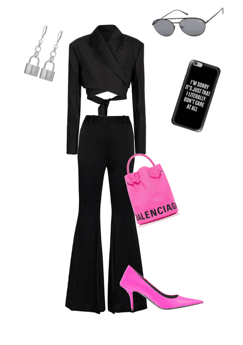 black suit pink heels