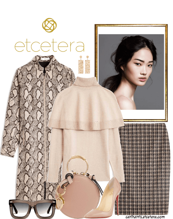 ETCETERA FALL 2018: Agile Python Jacquard Jacket, Capelet Sweater w/removable cape, and Gridlock Skirt
