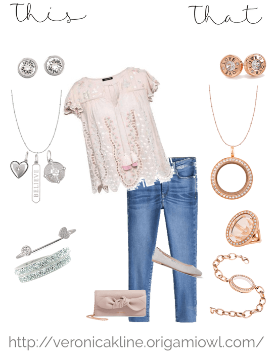 Jeans w/Gray, Cream and Peach Blouse