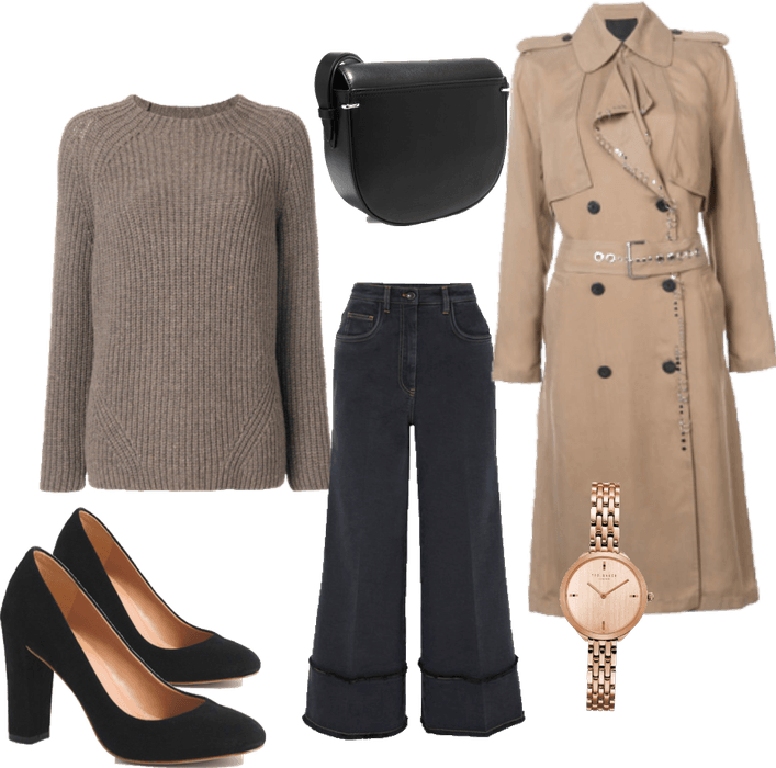 Wide legged jeans and trench coat