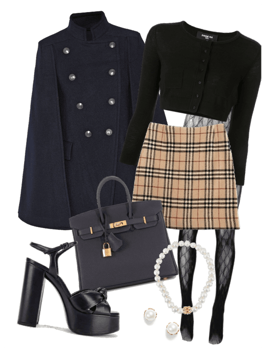 NYC Gal- Navy Coat and Burberry Skirt