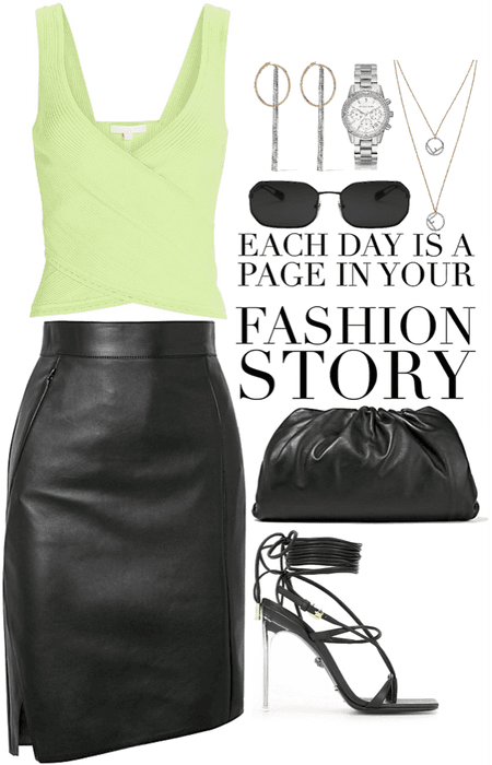 light green top with black leather skirt & bag