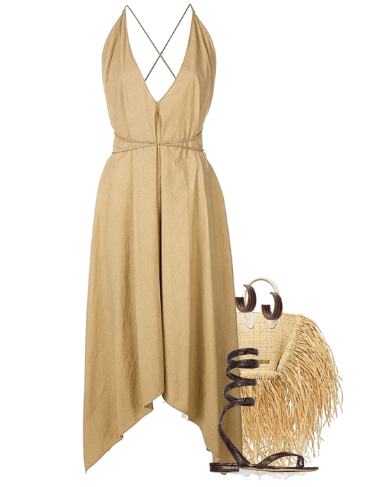 summer essentials: a dress, flat sandals and straw bag