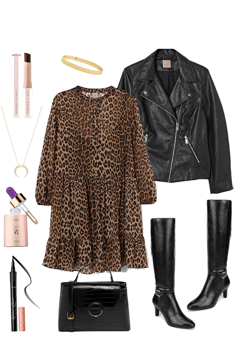 Plus Size Leopard Dress with Faux Leather Jacket and Knee High Boots