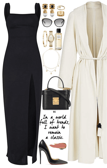 classic & long dress look with gold & Pearl jewelry