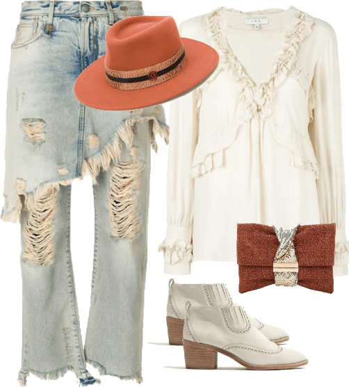Cream Ruffle Blouse and Denim Skirt Jeans with Fedora
