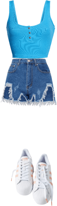 blue button top with blue ripped shorts