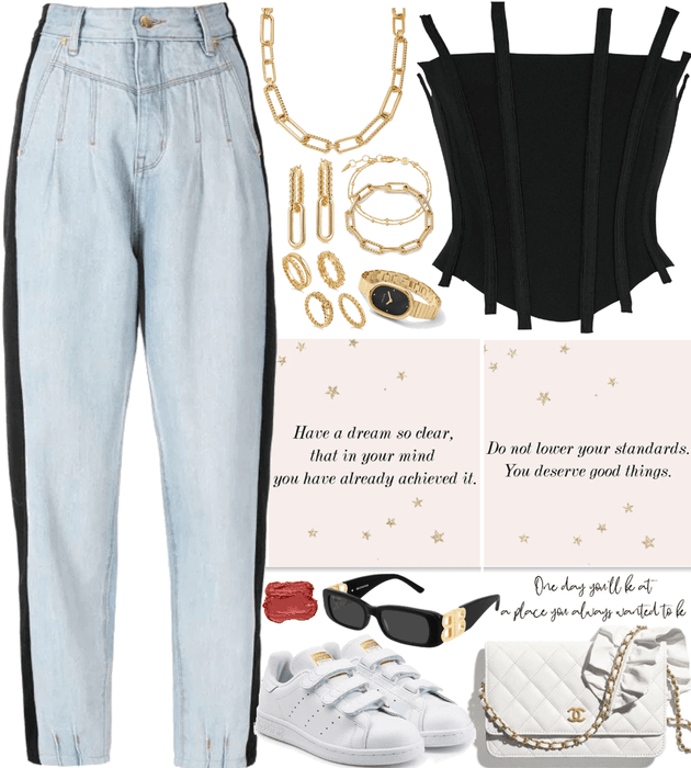 black corset, jeans with black details, white bag & sneakers and gold jewelry