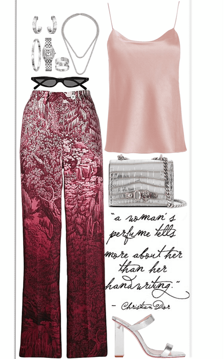 elegance,unique pants & pink Silky top look